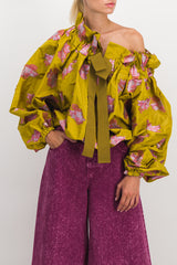 Voluminous grosgrain blouse with floral lace