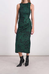 Asymmetric green snake printed sleeveless draped maxi dress