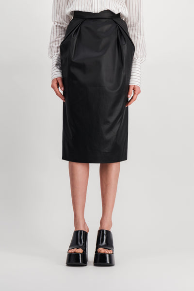 Vegan leather draped pencil midi skirt