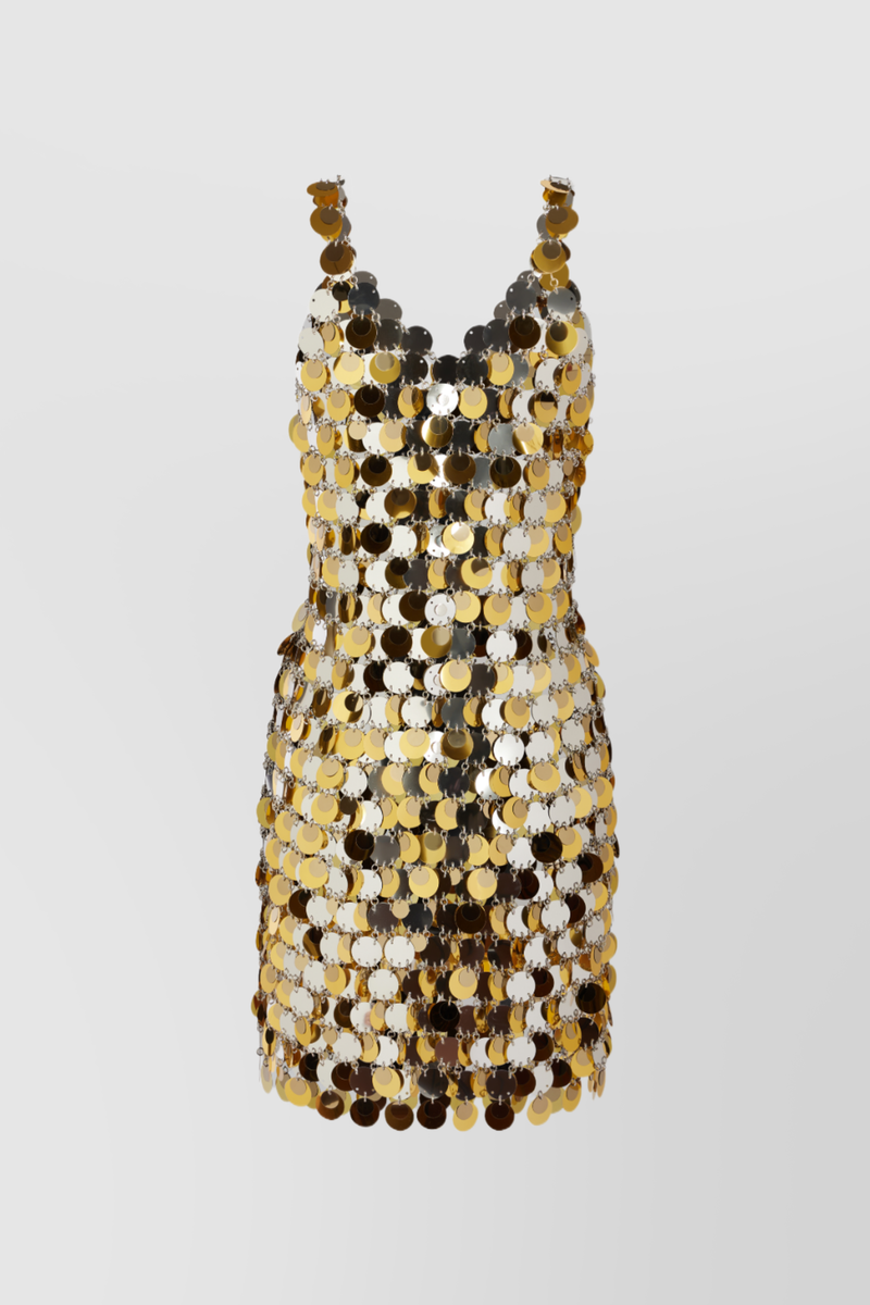 Paco Rabanne - Silver-gold sparkle v-neck mini dress