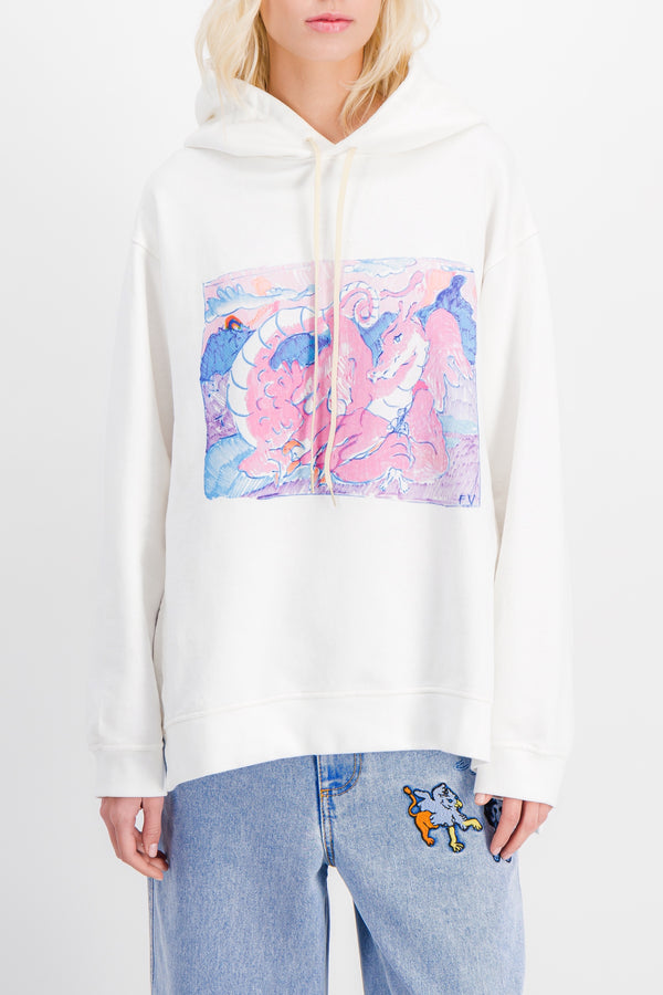 White drawstring hoodie with dragon print