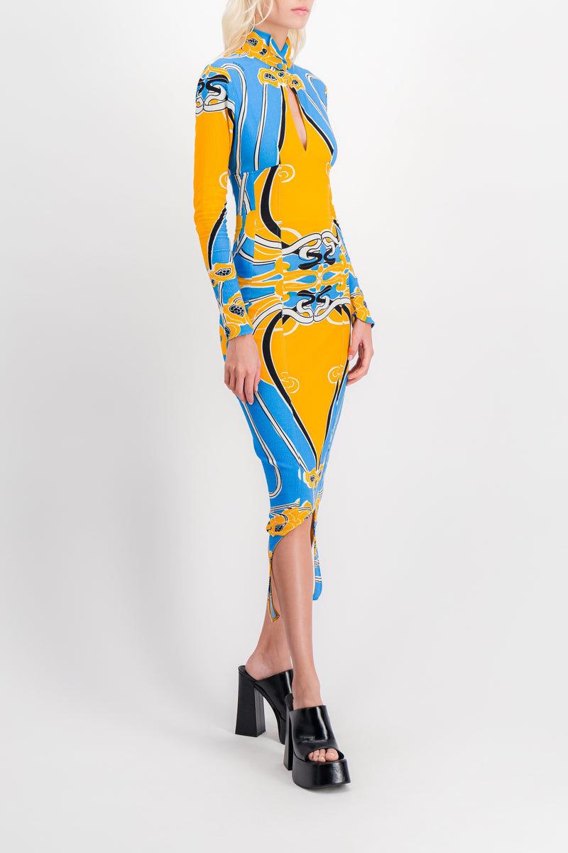 Patou - Printed cut out curve midi dress with long sleeves