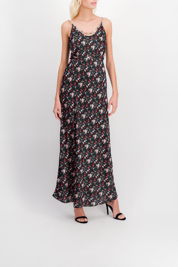 Floral print fluid maxi dress with chain-link