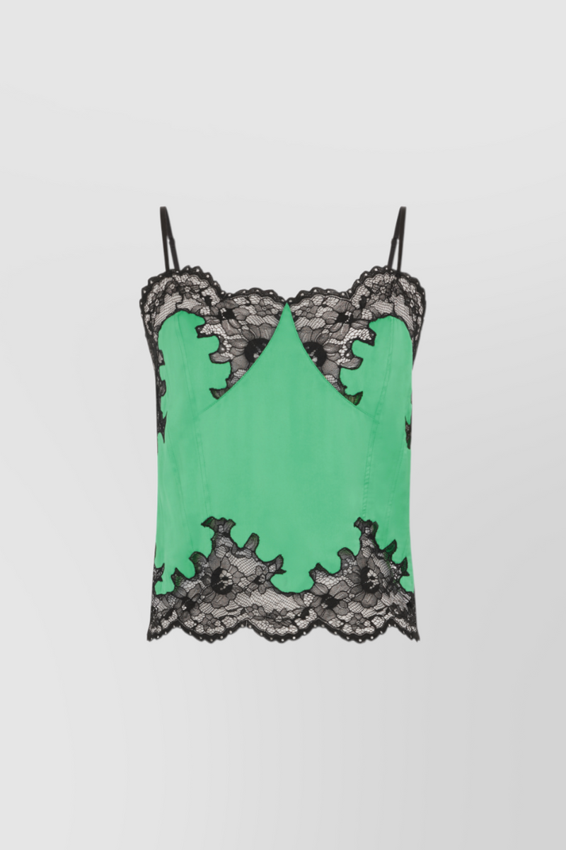 Paco Rabanne - Cami top in bright green satin with lace details
