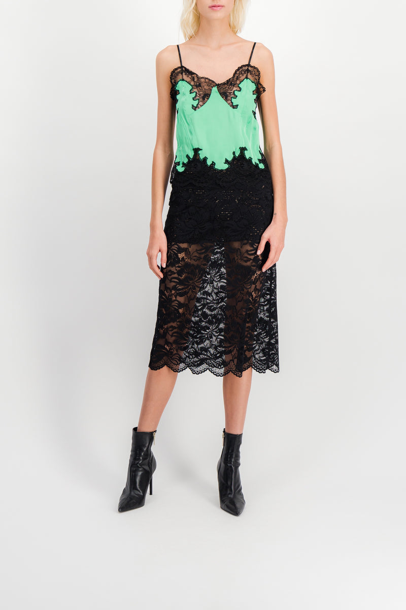 Paco Rabanne - Cami top in bright green satin with lace details