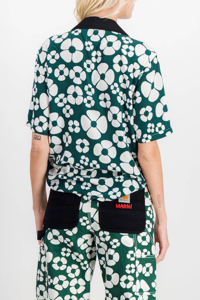 Marni - Flower printed green short sleeved boyfriend shirt