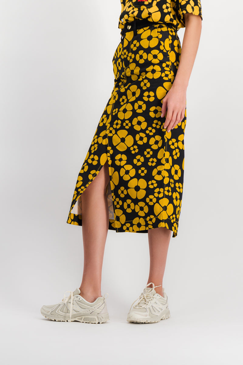 Marni - Yellow-black flower printed midi skirt with front slit