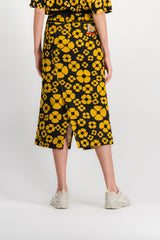 Yellow-black flower printed midi skirt with front slit