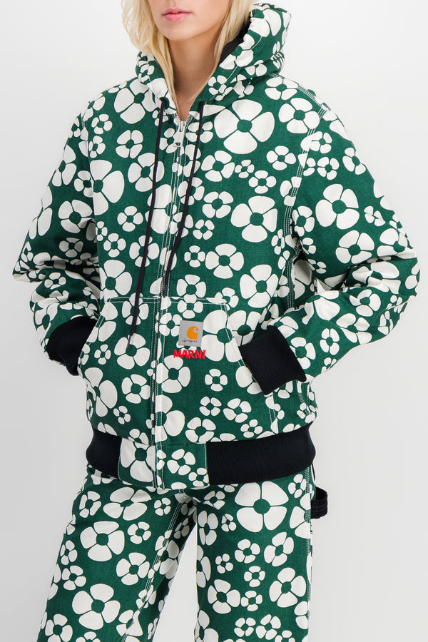 Flower printed green hooded jacket