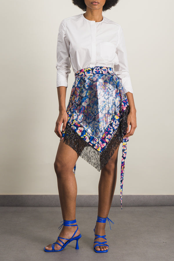 Mix mesh flower printed asymmetric mini skirt