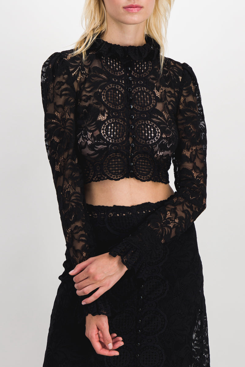 Paco Rabanne - Floral stretch lace crop top with long sleeves